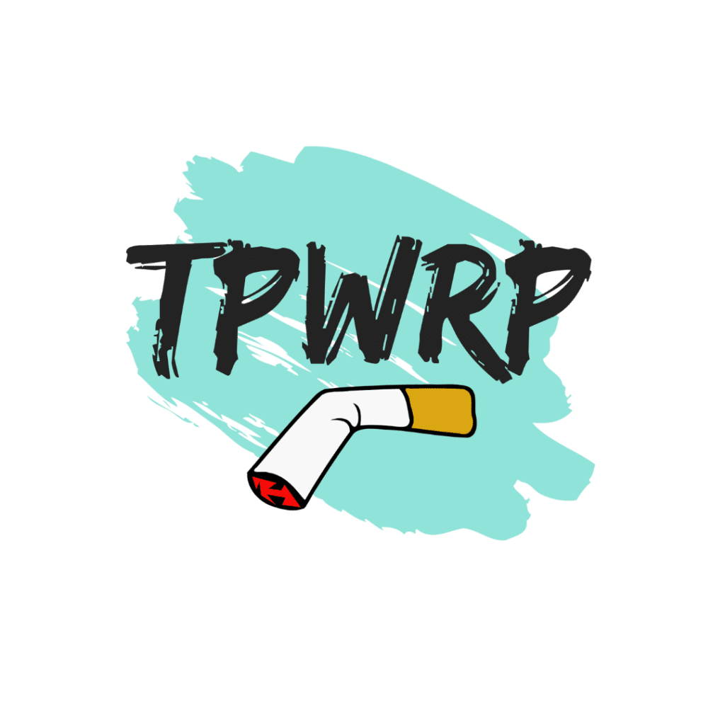 a cigarette butt with a teal backdrop and the letters TPWRP