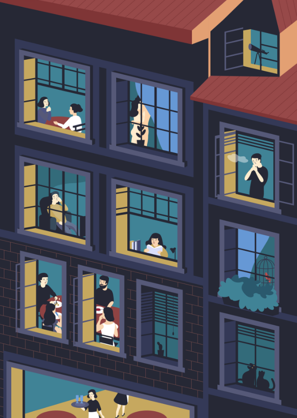 an apartment building with people in the windows