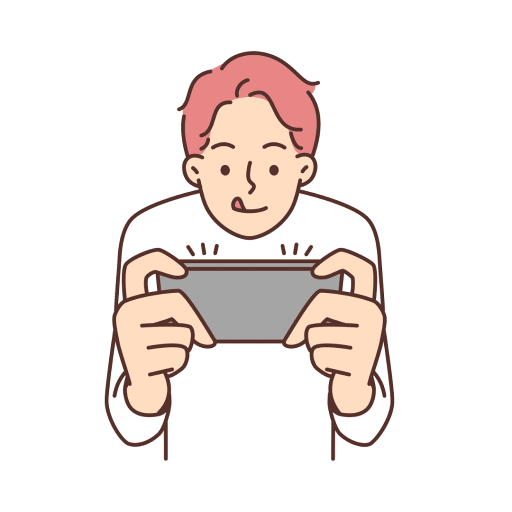 a boy with red hair playing a game on his phone